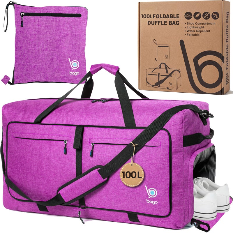 Bago Large Foldable Duffel Bags for Traveling Women & Men - 100L Packable Duffle Bag for Travel with Shoe Compartment - Water Repellant, Heavy Duty, Lightweight Folding & Collapsible (SnowPink) - Image 1